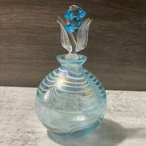 Studio Art Glass Handblown Perfume Bottle Blue with Bluebell Flower Stopper